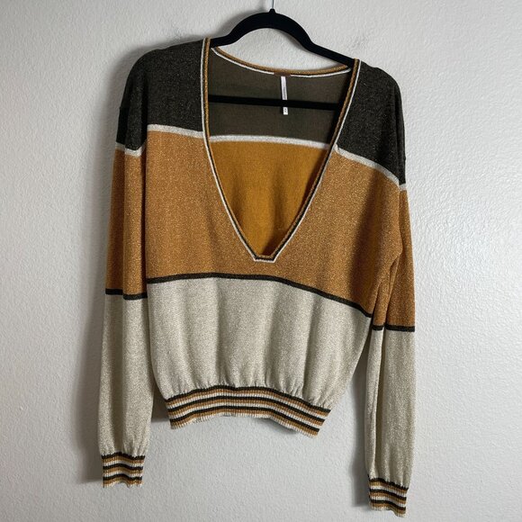Free People Womens Medium Metallic Deep V Neck Sweater Gold Dust Pullover Top - Picture 9 of 14